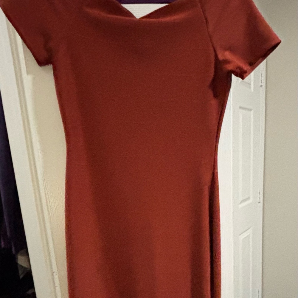 Haute Monde Brown and Orange Sheath Midi Dress with Cowl Neck